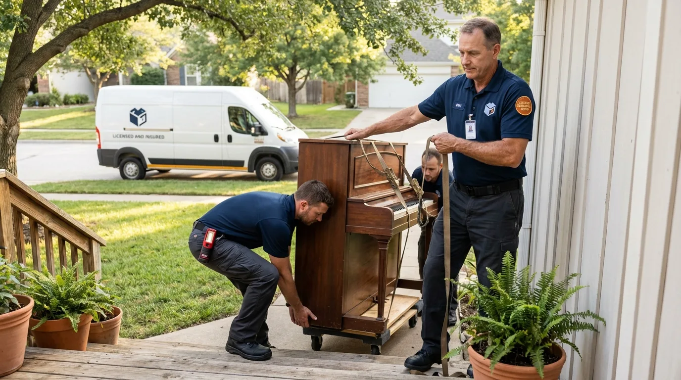 Licensed piano movers securing grand piano in Damascus, OR