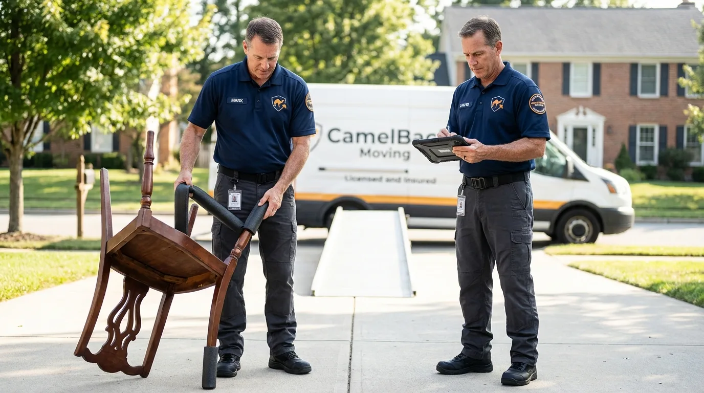 Movers inspecting furniture for damage prevention before loading in Damascus, OR
