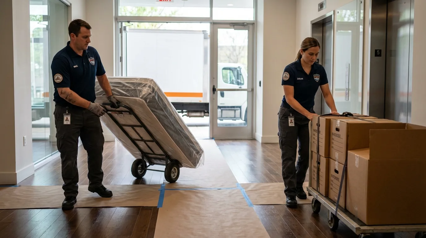 Professional apartment movers loading elevator in Damascus, OR